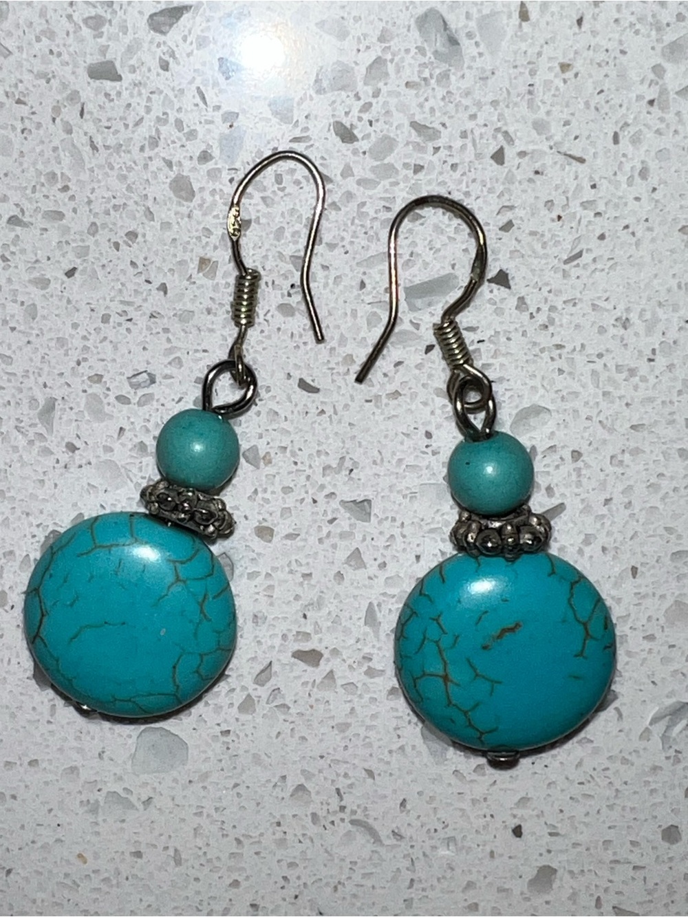 Turquoise Stone Drop Earrings - Blue Bead Dangle Sterling Silver